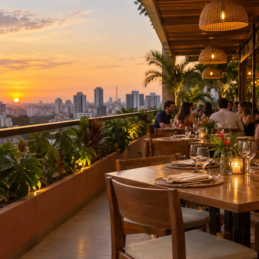 Mesas de madeira em uma varanda de restaurante ao entardecer, com luz dourada, plantas e adultos conversando ao fundo.