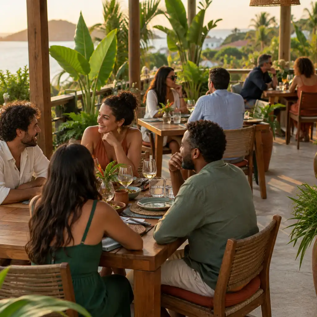 Adultos conversando em mesas de madeira de uma varanda de restaurante com plantas ao fundo