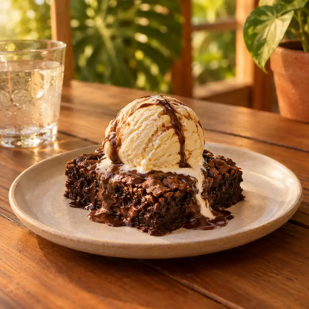 Brownie quente com uma bola de sorvete em prato cerâmico sobre mesa de madeira