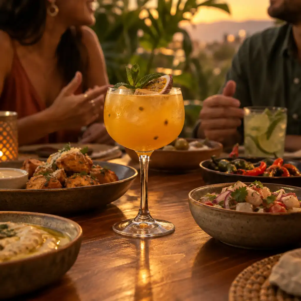 Cocktail servido sobre mesa de madeira com pratos compartilhados e pessoas conversando ao fundo