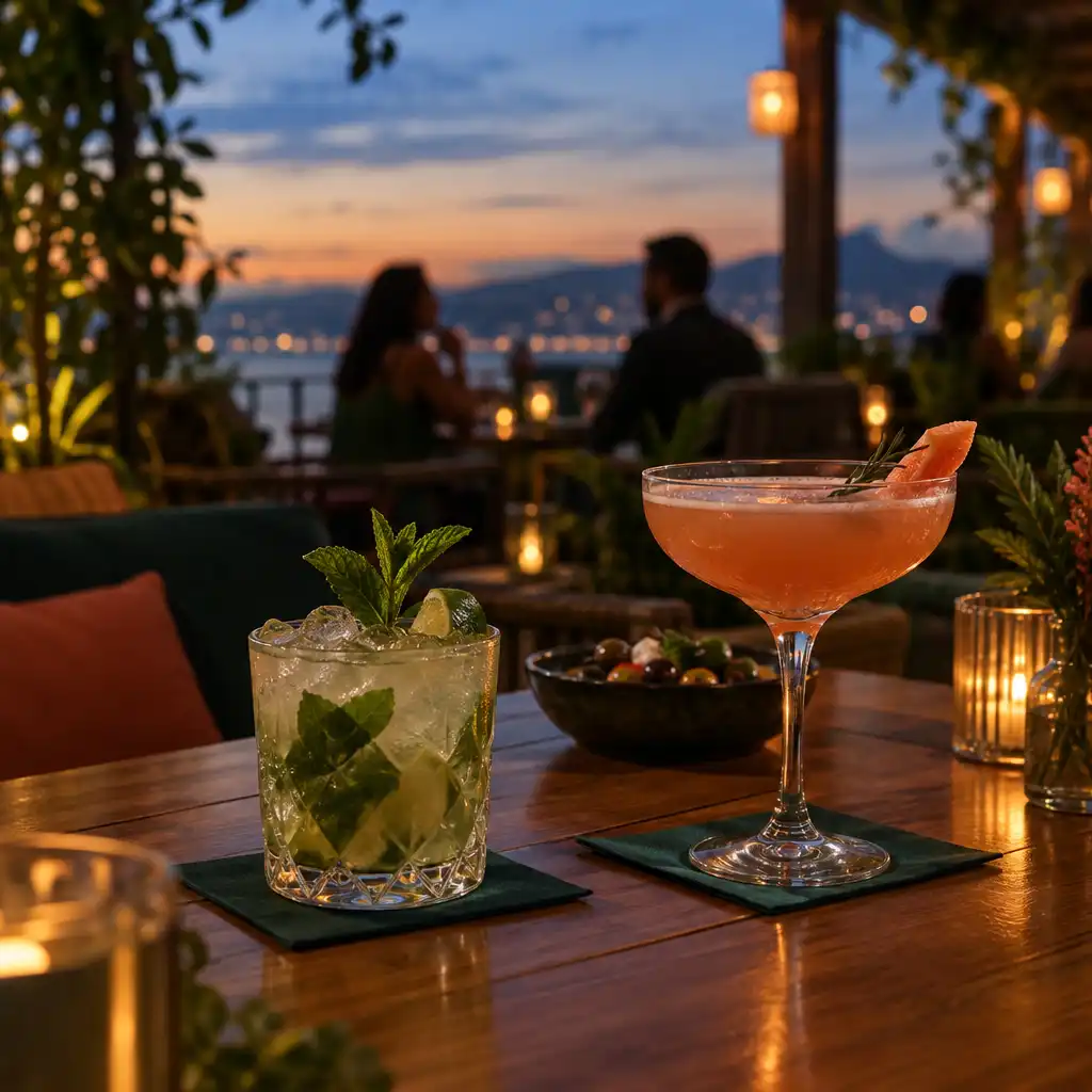 Dois cocktails sobre uma mesa de madeira em varanda iluminada no início da noite