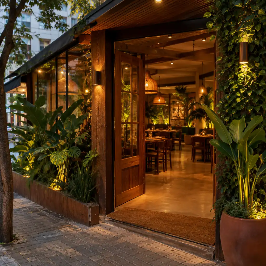 Entrada iluminada de um restaurante com madeira, plantas discretas e atmosfera acolhedora ao início da noite