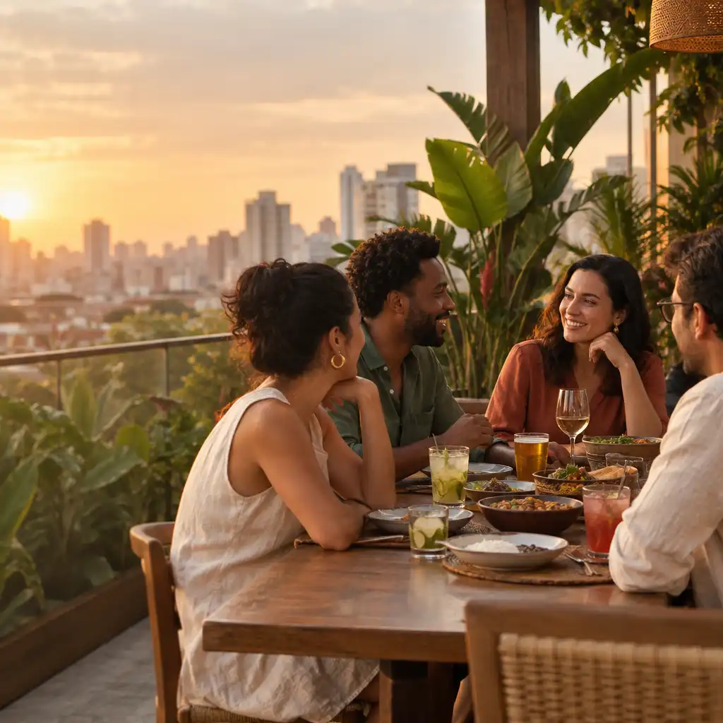 Adultos reunidos em uma mesa de restaurante na varanda ao entardecer