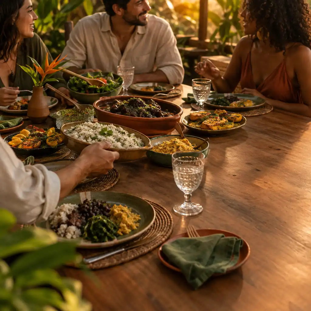 Mãos de adultos compartilhando pratos em uma mesa de jantar de restaurante