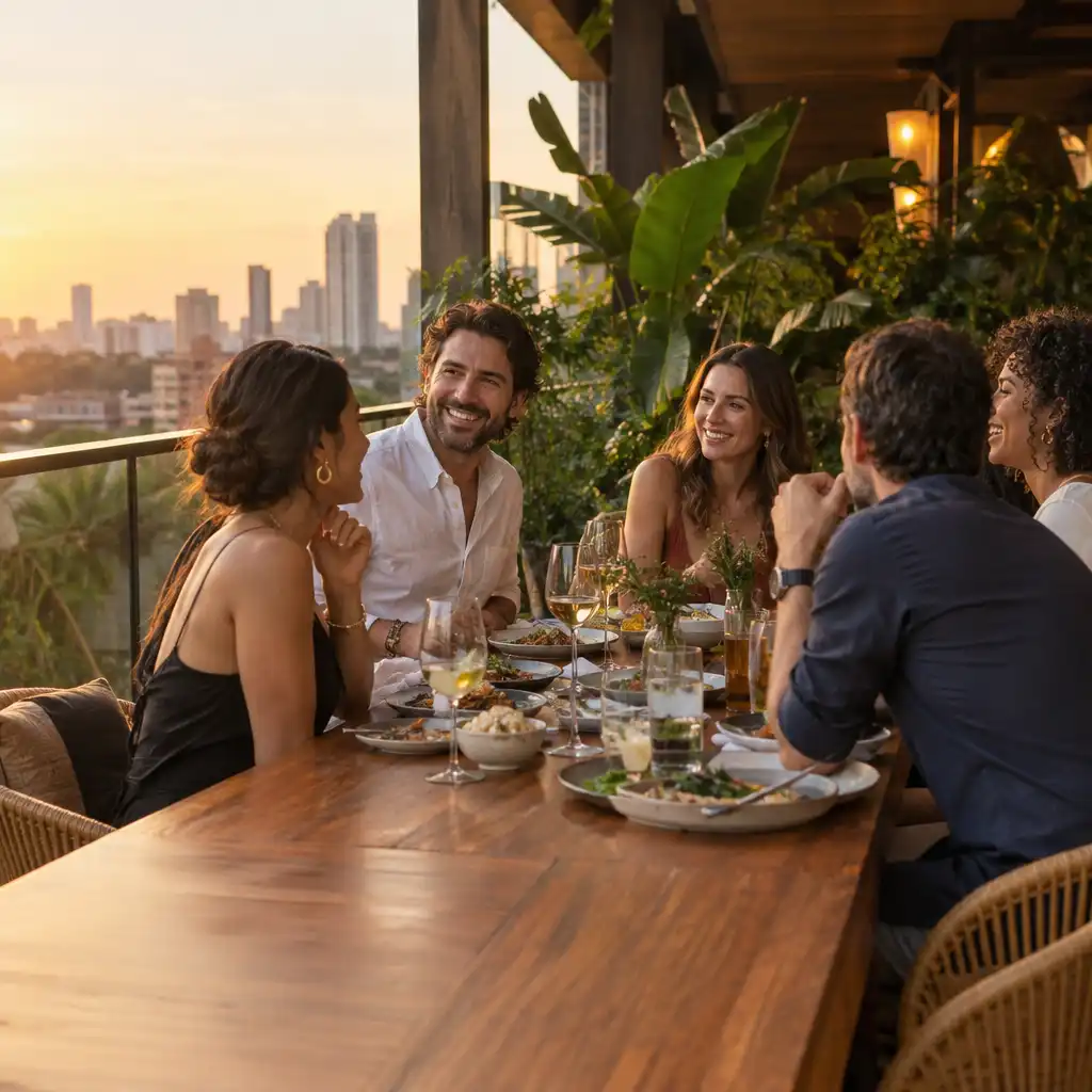 Grupo de adultos conversando ao redor de uma mesa comprida em uma varanda de restaurante