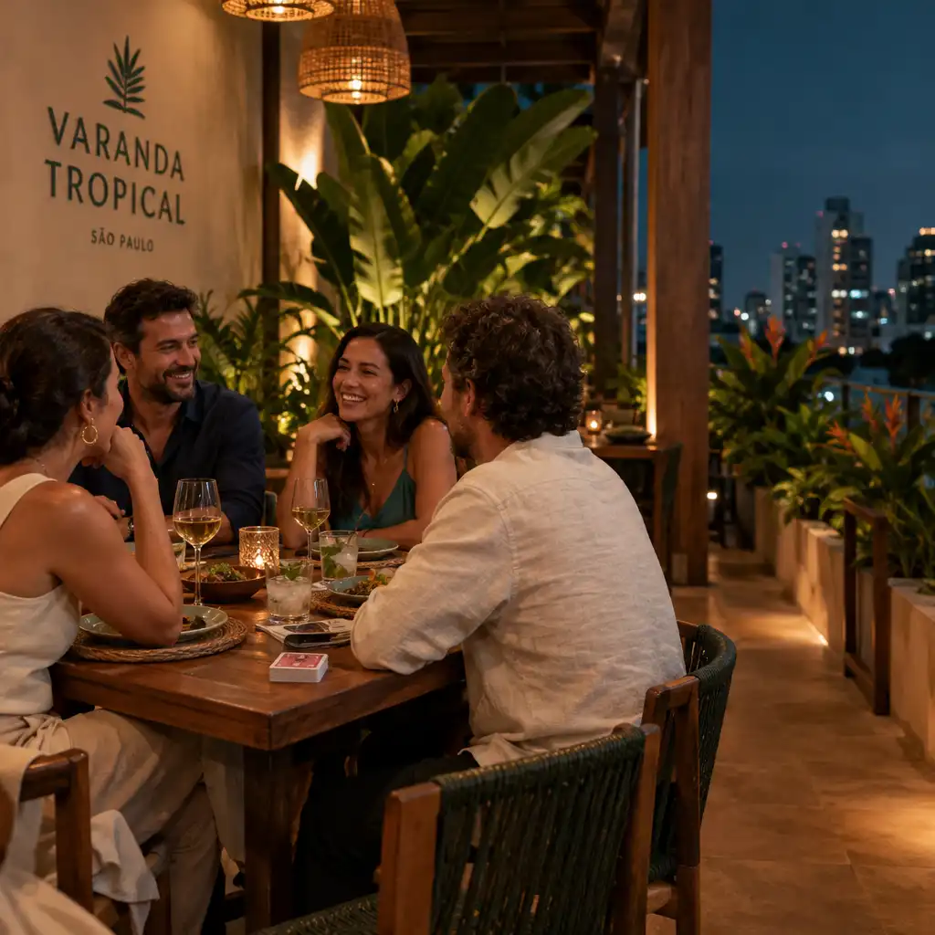 Adultos conversando após o jantar em uma mesa de madeira iluminada, com pratos, copos e um baralho discreto