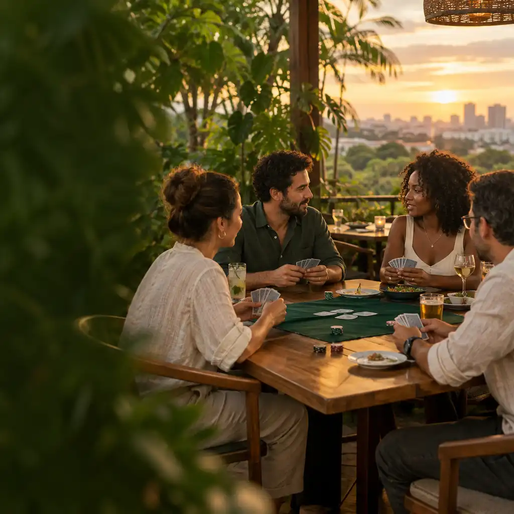 Adultos conversando em uma mesa de madeira com cartas discretas, pratos e copos em um restaurante acolhedor