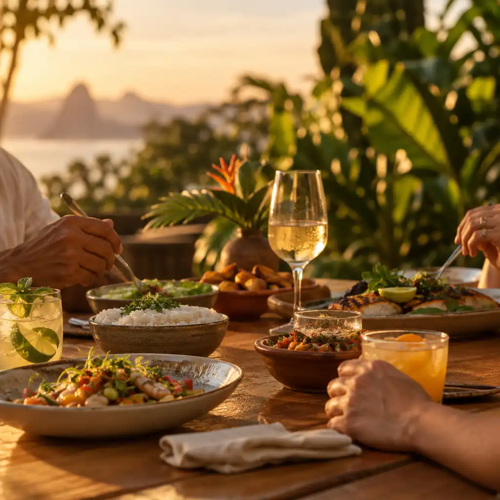 Mesa de madeira com pratos servidos, bebidas sem marca e mãos adultas compartilhando uma refeição