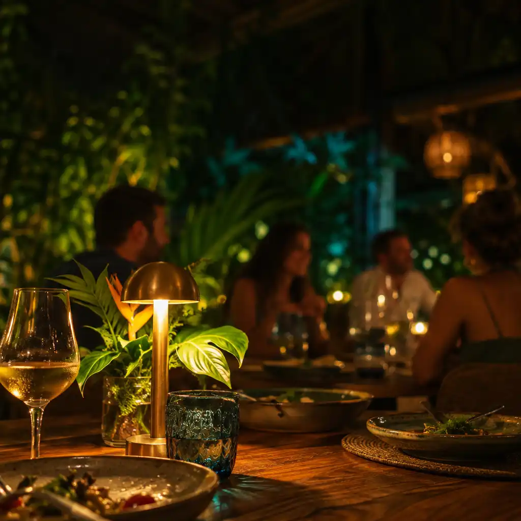Detalhe de uma mesa social iluminada à noite, com pratos, copos, luminária e pessoas adultas conversando ao fundo.