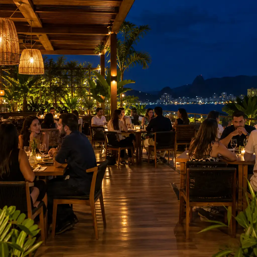 Mesas com pequenos grupos de adultos em conversa em uma varanda de restaurante iluminada à noite