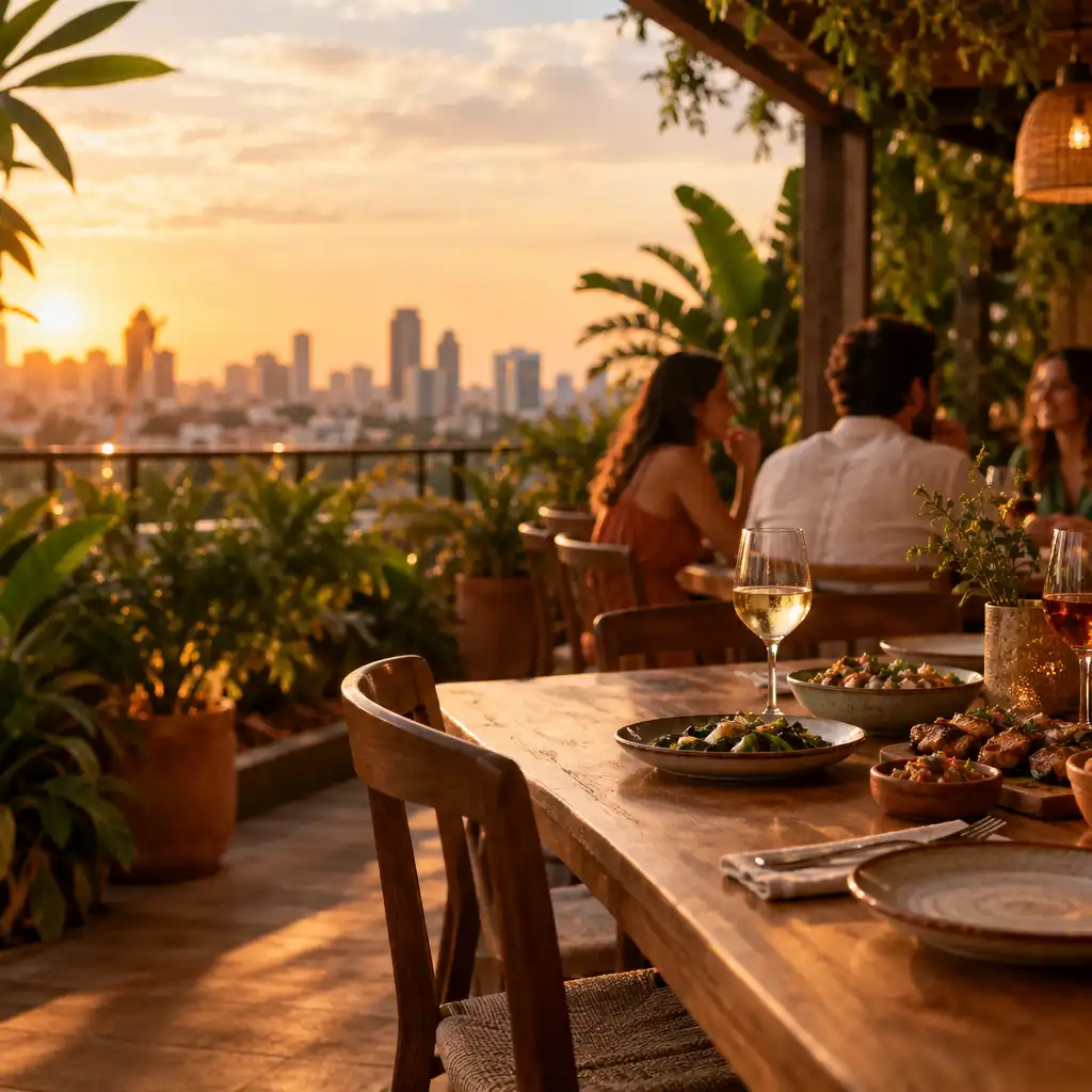 Mesa de madeira com pratos compartilhados em uma varanda de restaurante iluminada pelo entardecer