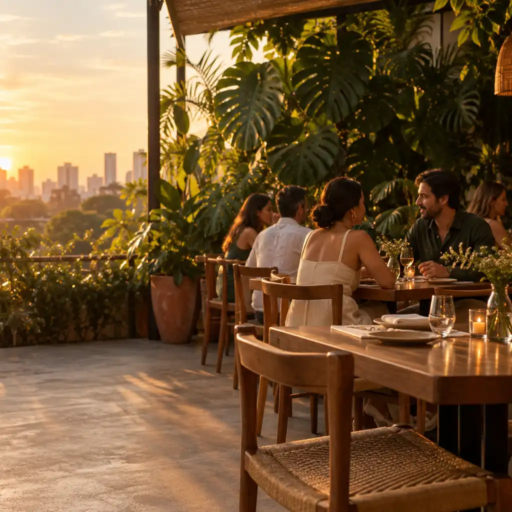 Varanda de restaurante ao entardecer, com mesas de madeira, folhagens e adultos conversando sob luz dourada