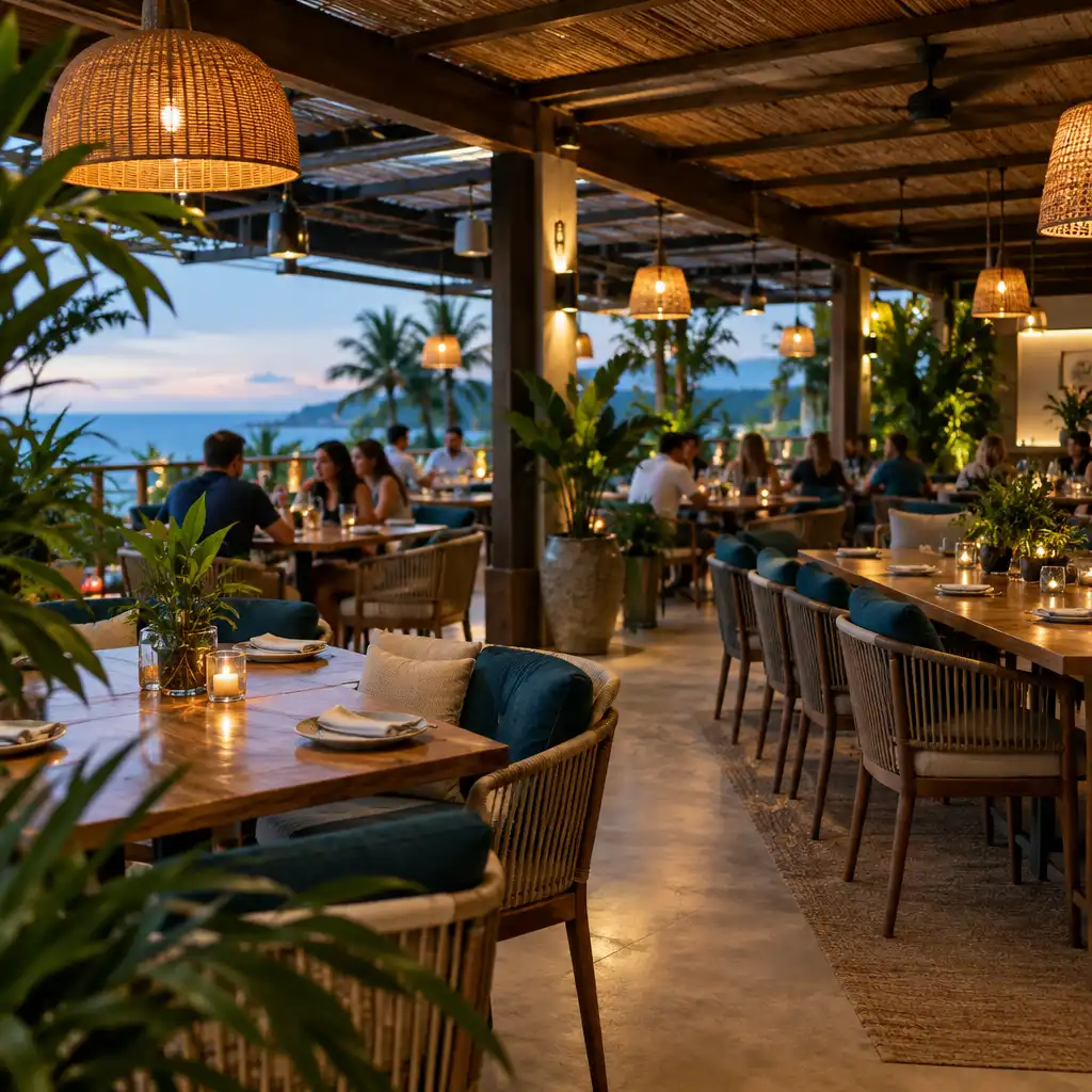 Interior aberto do restaurante com mesas de madeira, folhagens discretas e luz quente