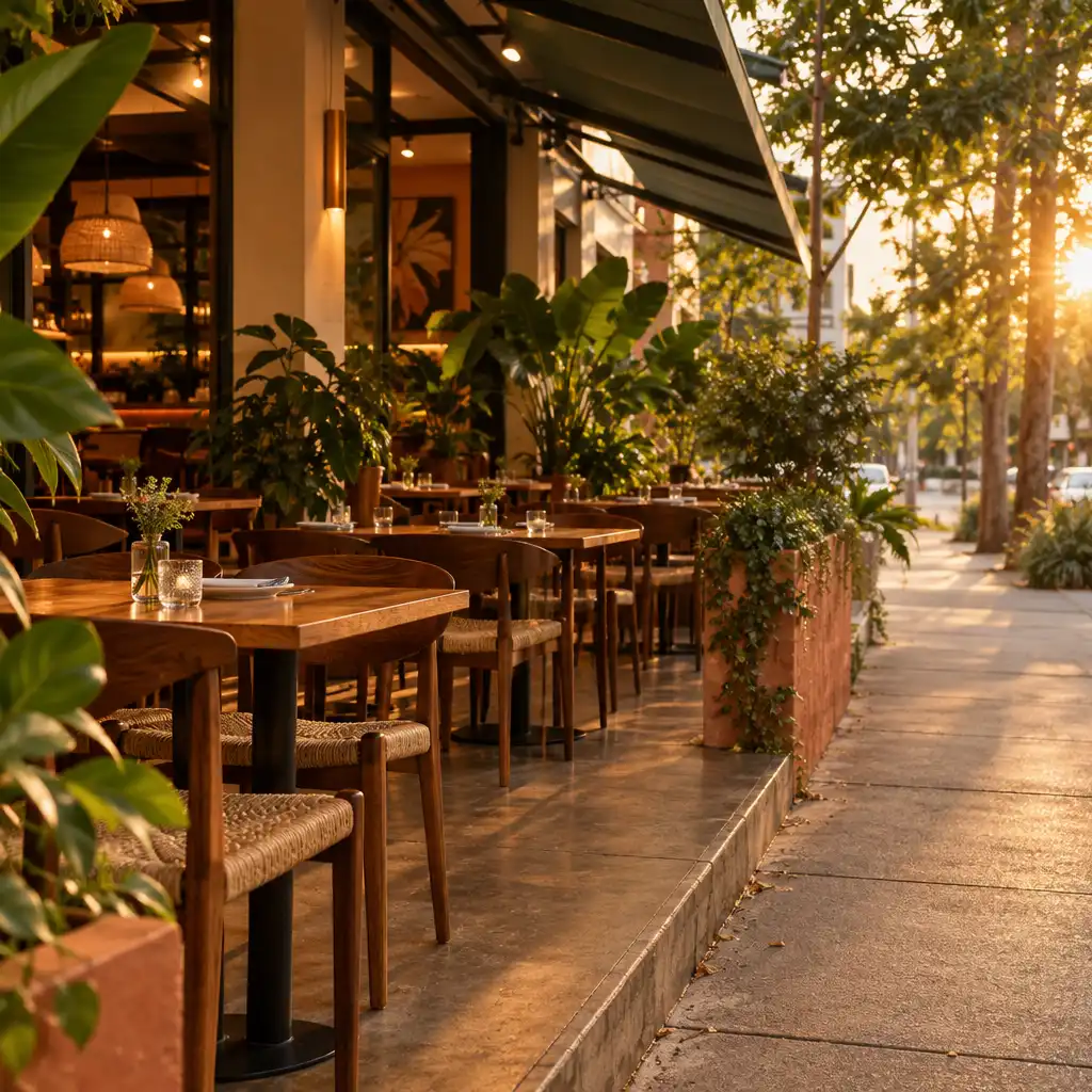 Varanda de restaurante com mesas de madeira, folhagens discretas e luz dourada de fim de tarde em Pinheiros.