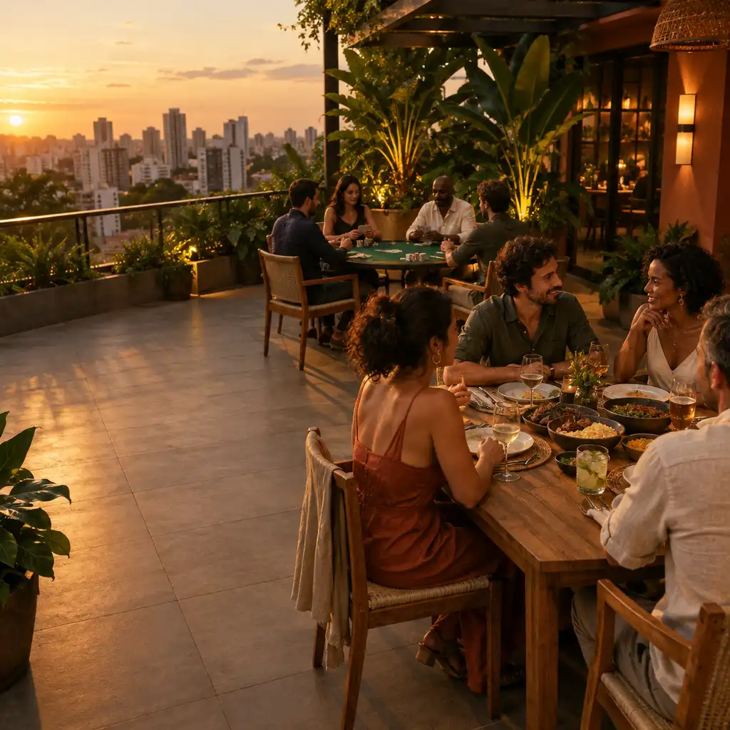 Adultos conversando em uma varanda de restaurante com mesa servida e encontro social ao fundo
